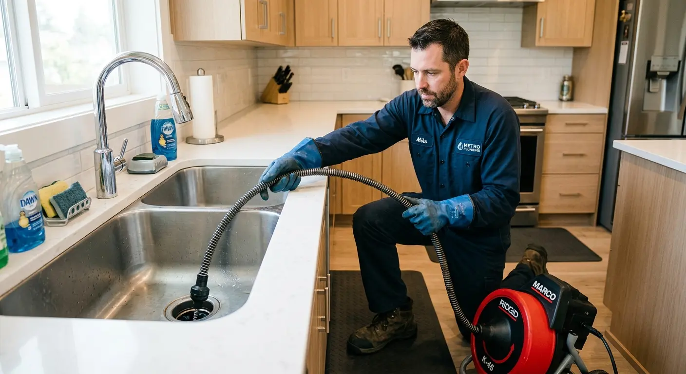 Drain cleaning technician using a motorized snake on a kitchen sink in Drexel Heights