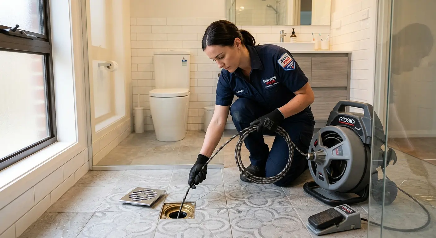 Technician clearing a bathroom floor drain for Sewer Line Replacement in Drexel Heights